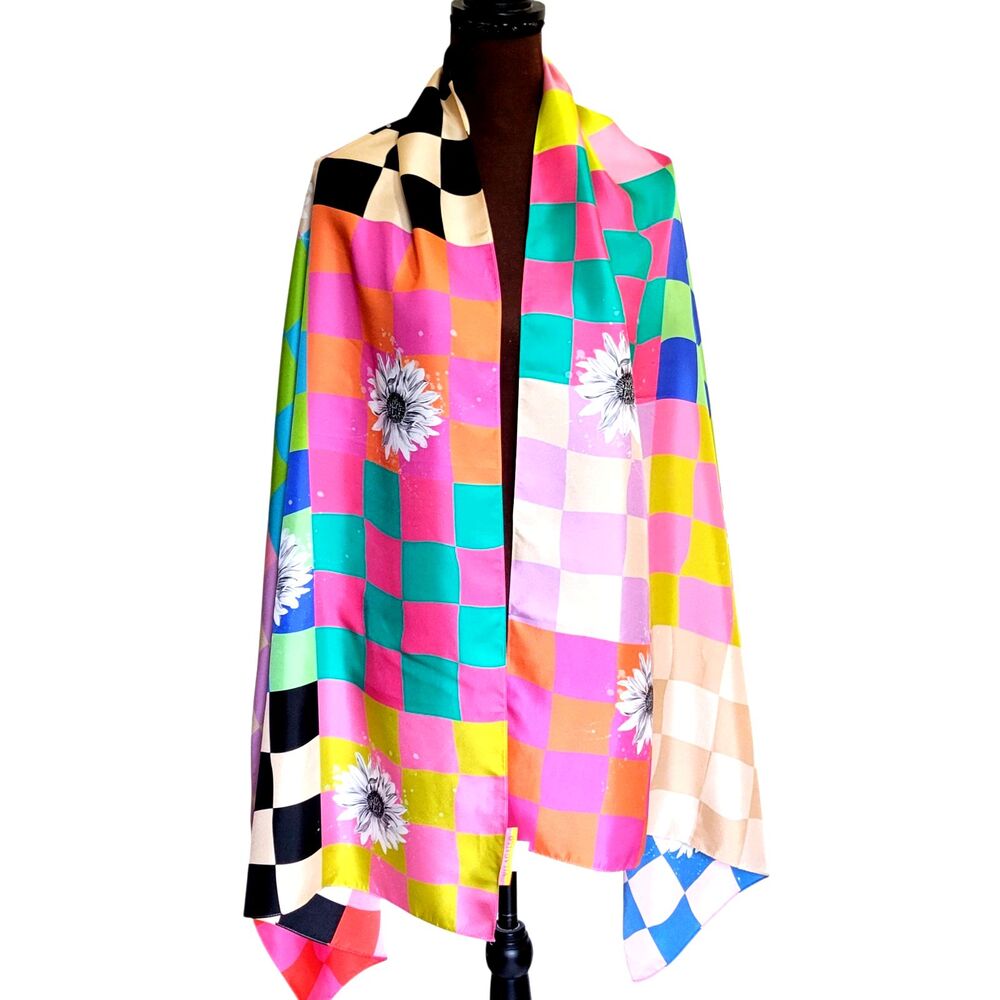 VILAGALLO Women 100% Silk Long Scarf Multicolor Rectangle
